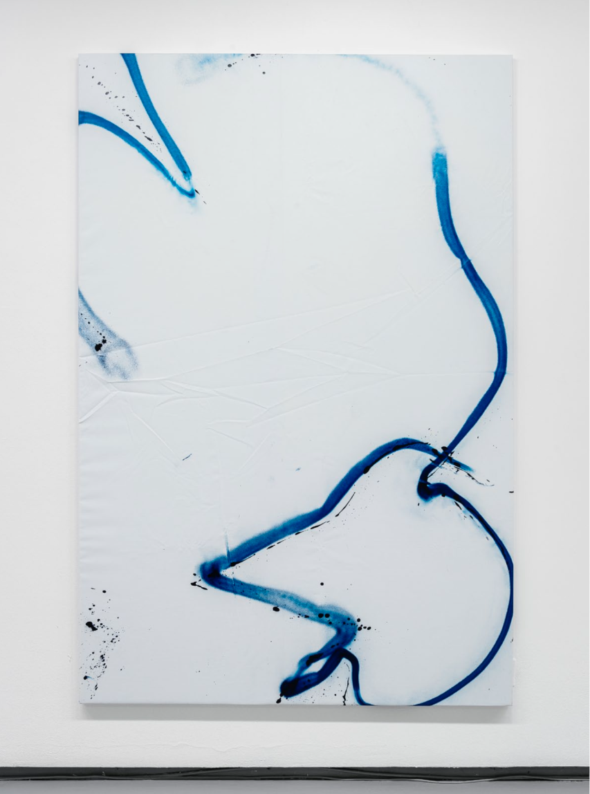 DM (Direct Message), 2018, peinture aérosol sur bâche PVC, 195 x 130 cm. Courtesy the artist & Spiaggia Libera, Paris.