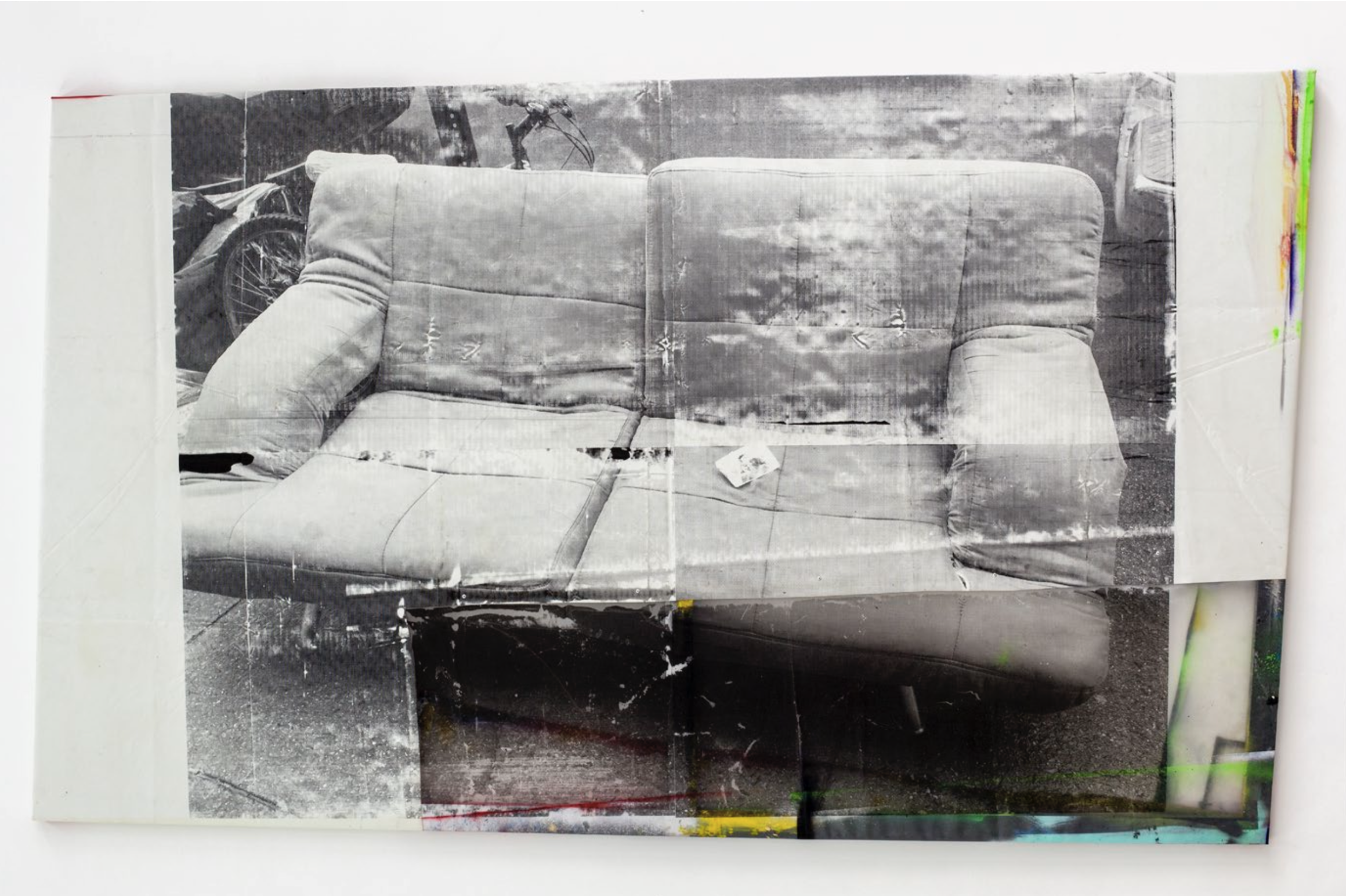 *Ordinary Objects for Common Use (Couch on ashes)*, 2021, silkscreen print on tarp, polythene, spray paint, acrylic, wood, rivets, 210 x 135 cm. Courtesy the artist & Spiaggia Libera, Paris.