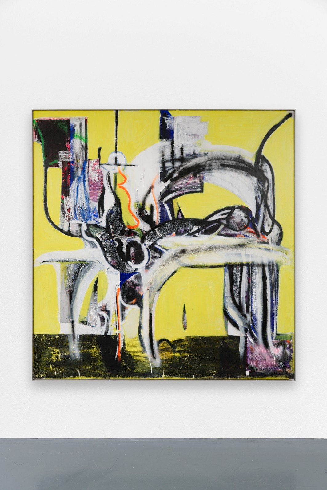 *Mimic, Tear, Ashes*, 2022, oil paint, spray paint, emulsion, oil pastel, chalk, enamel, photochromic plastic on linen canvas, aluminium frame, 194 x 188 cm. Courtesy the artist & Spiaggia Libera, Paris. © Aurélien Mole