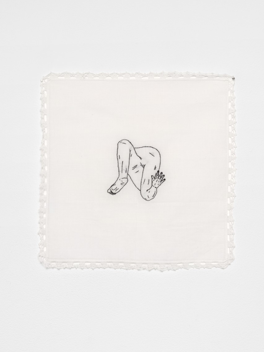 Soukaina Joual, Raw Body, 2024, Handmade embroidery on handkerchief, 43 x 31 cm. Courtesy the artist & spiaggia libera, Paris.