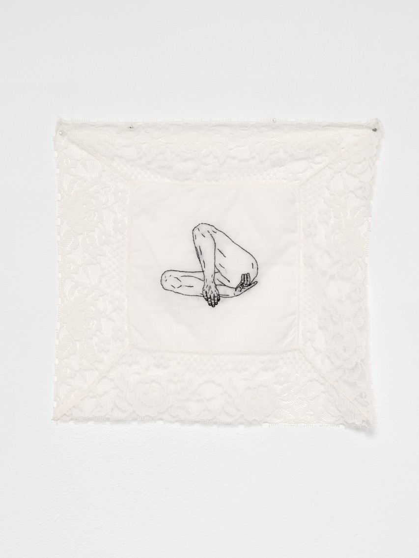 Soukaina Joual, *Raw Body*, 2024, Handmade embroidery on handkerchief, 43 x 31 cm. Courtesy the artist & spiaggia libera, Paris.