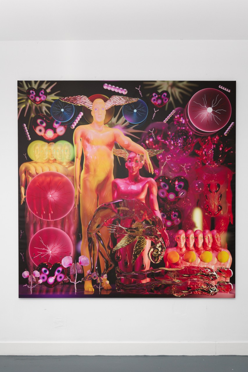 *Le nouveau printemps Orgiax*, 2024, impression digitale sur toile, peinture acrylique, résine et vernis, 160 x 160 cm. Courtesy the artist & Spiaggia Libera, Paris © Aurélien Mole