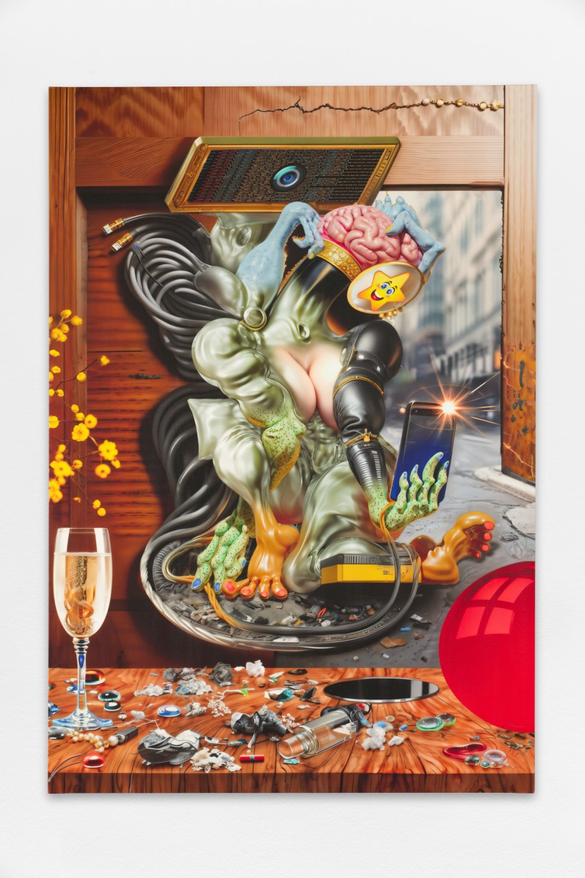 *Algorithms as Contemporary Vampires: Sucking the Living Juice*, 2023, impression digitale, peinture acrylique sur toile, 145 x 100 cm. Courtesy the artist & Spiaggia Libera, Paris. © Aurélien Mole