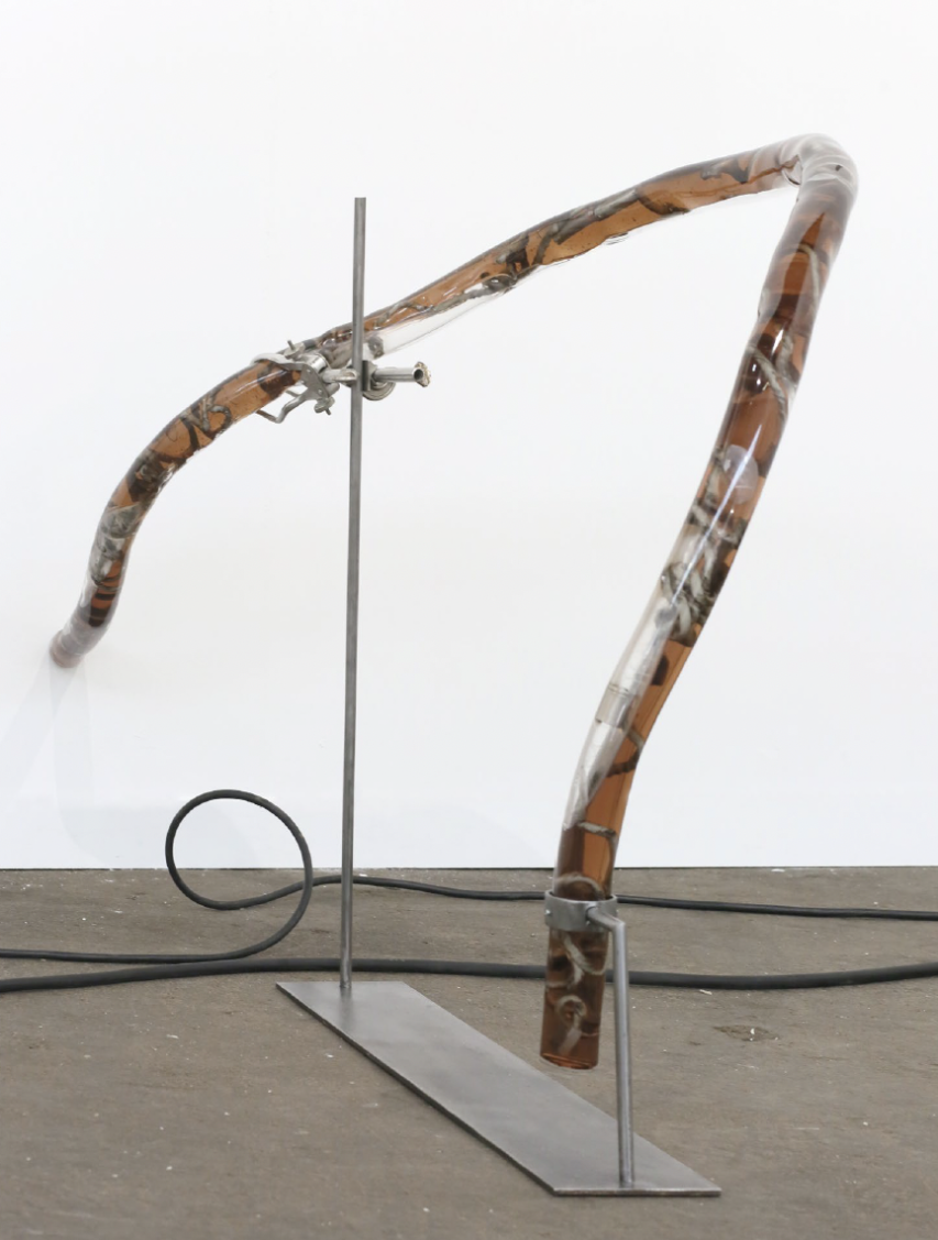 Laura Gozlan, *Inner chains #7*, 2018, plexiglas pipes, epoxy, ginseng, dried octopus, usb cables, aluminum, batteries, latex tourniquet, iron stand, 130 x 90 x 50 cm. Courtesy the artist & Valeria Cetraro.