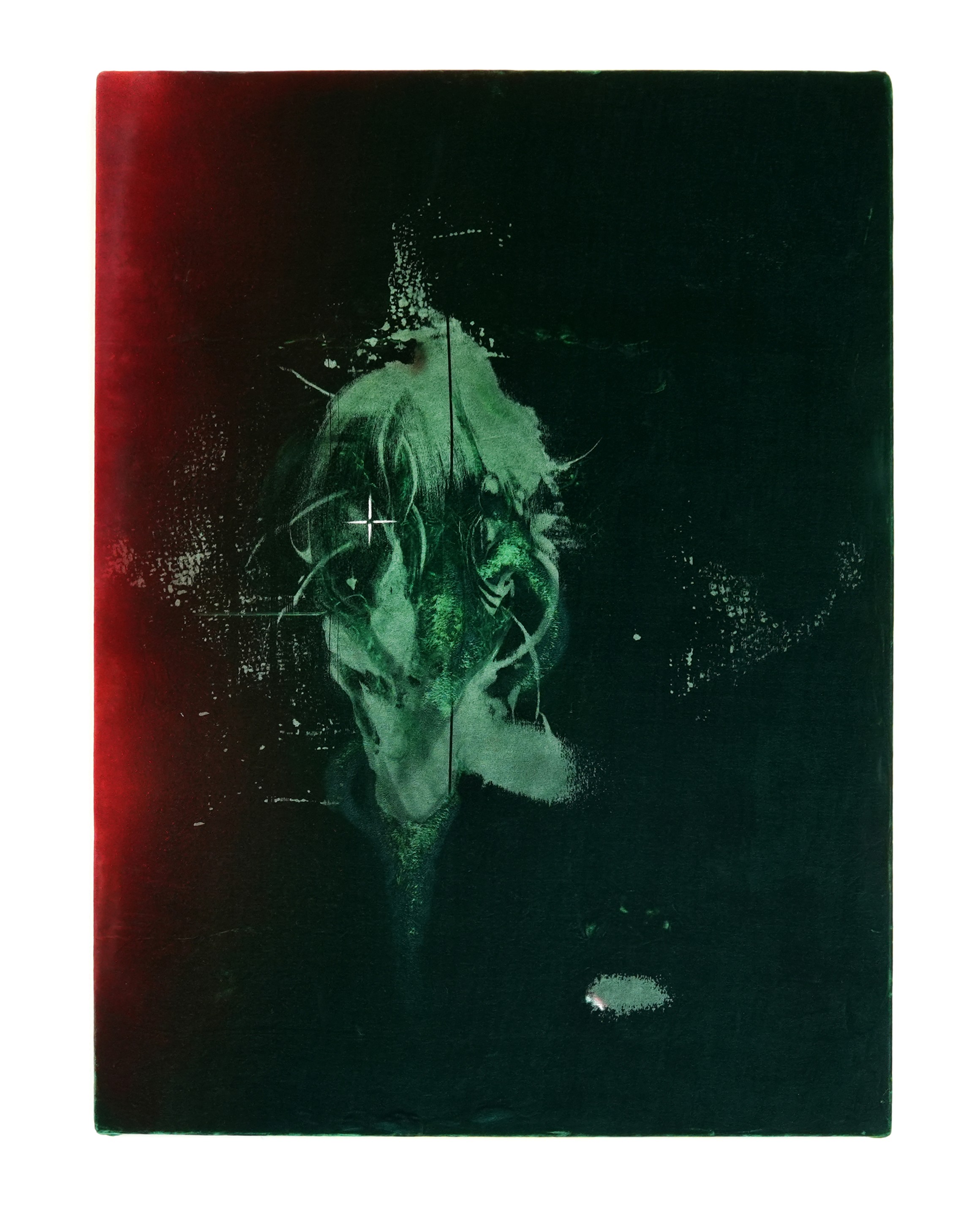 Samuel Spone, *Radiation*, 2025, Aérosol, huile, gravure et gravure laser sur velours / Aerosol, oil, etching and laser engraving on velvet, 80 x 60 cm. Courtesy the artist & spiaggia libera, Paris.